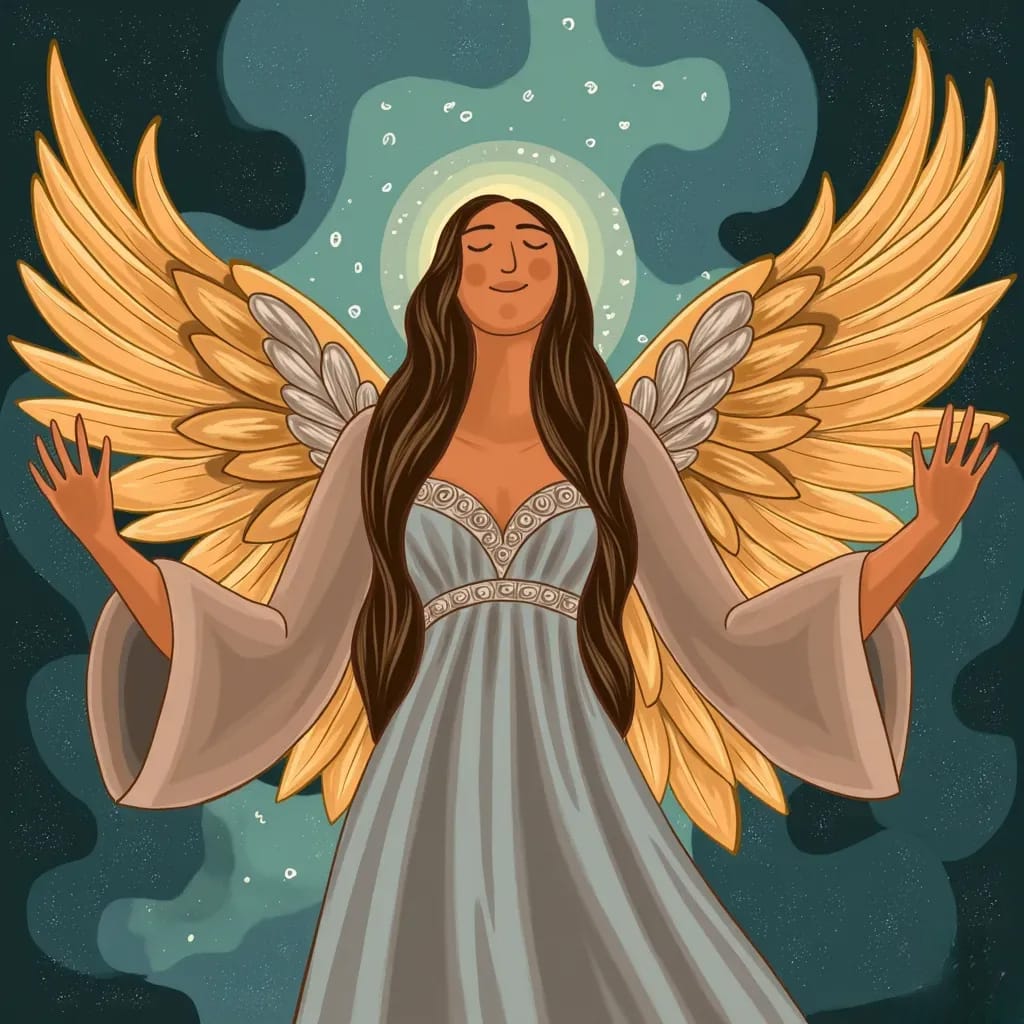 a woman with wings and a dress